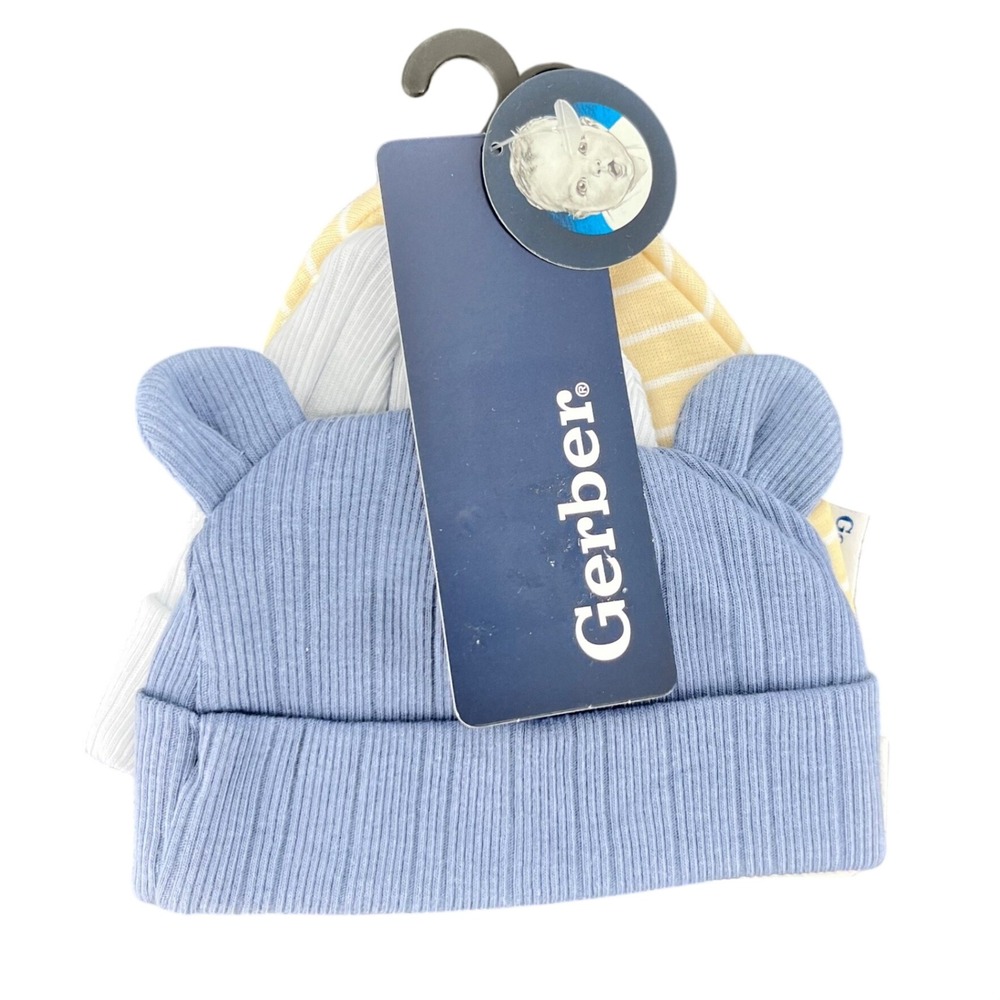 Gerber Caps Newborn NB Blue Tan 3 Pack Bear Ears Ribbed Striped Cotton Caps